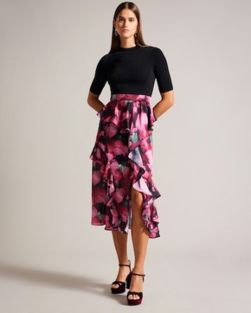 Ted Baker Darciia Fitted Knit Bodice Dress With Ruffle Skirt Black Pink