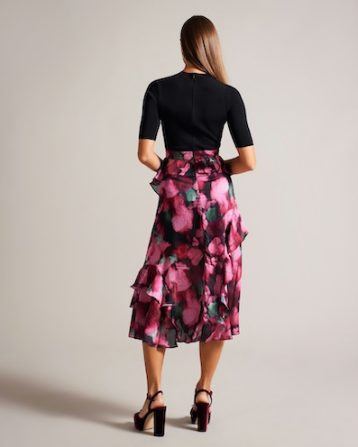 Ted Baker Darciia Fitted Knit Bodice Dress With Ruffle Skirt Black Pink