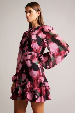 Ted Baker Grayda Petal Print A-Line Mini Dress Black Pink Multi