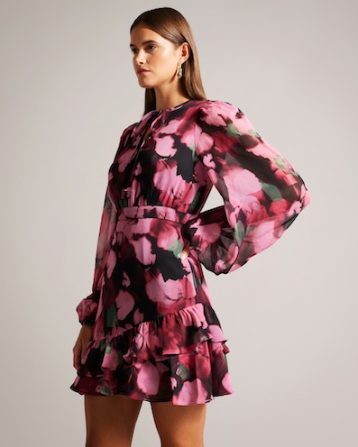 Ted Baker Grayda Petal Print A-Line Mini Dress Black Pink Multi