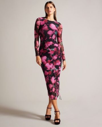 Ted Baker Lilzaan Ruched Petal Print Bodycon Dress Black Pink