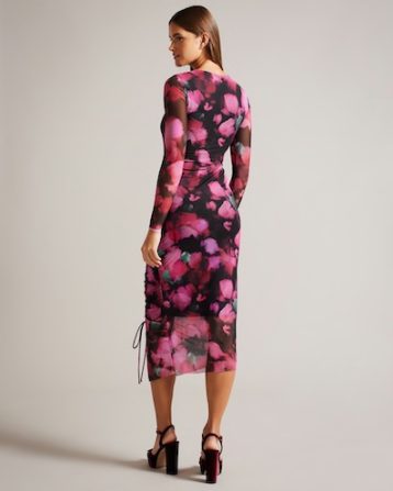 Ted Baker Lilzaan Ruched Petal Print Bodycon Dress Black Pink