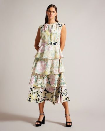 Ted Baker Mireile Tiered Midi Dress With Gathered Bodice Multi