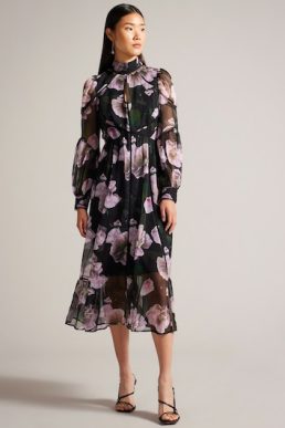 Ted Baker Pohlley Floral Midi Dress With Ladder Lace Black