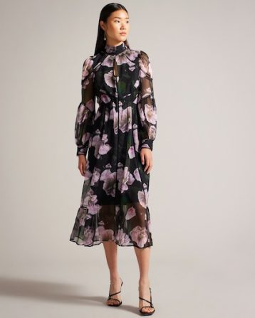 Ted Baker Pohlley Floral Midi Dress With Ladder Lace Black