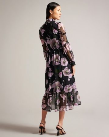 Ted Baker Pohlley Floral Midi Dress With Ladder Lace Black