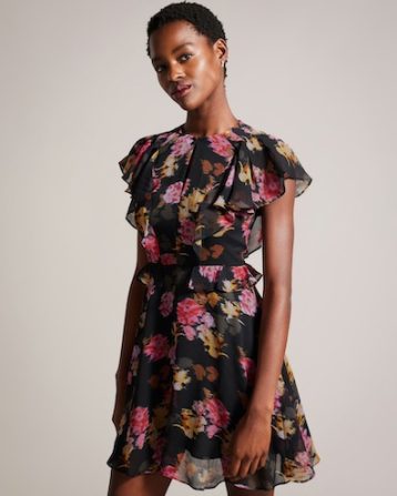 Ted Baker Tiiah Floral Angel Sleeve Mini Dress Black Pink Multi