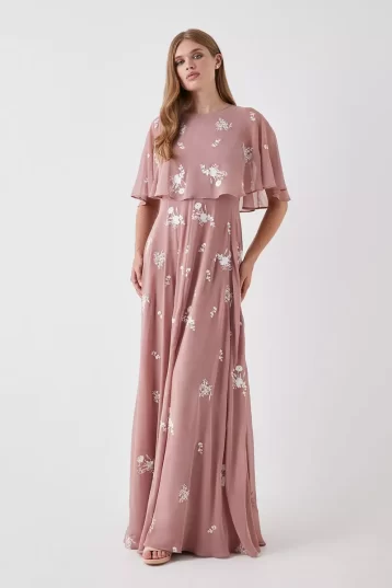 Coast All Over Embroidered Cape Bridesmaids Maxi Dress Antique Rose