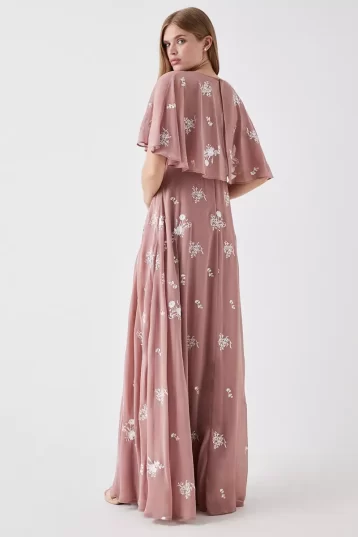 Coast All Over Embroidered Cape Bridesmaids Maxi Dress Antique Rose