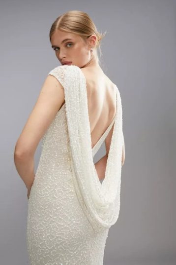 Coast COAST Draped Cowl Back Sequin Bridal Maxi Dress Ecru