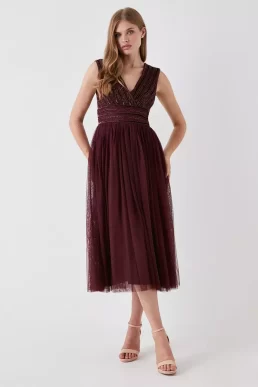 Coast Mixed Bead Wrap Front Bridesmaids Mesh Midi Dress Malbec berry