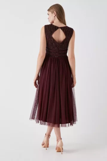 Coast Mixed Bead Wrap Front Bridesmaids Mesh Midi Dress Malbec berry