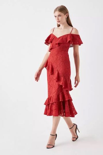 Coast Sophie Habboo Asymmetric Lace Midi Dress Red