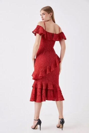 Coast Sophie Habboo Asymmetric Lace Midi Dress Red