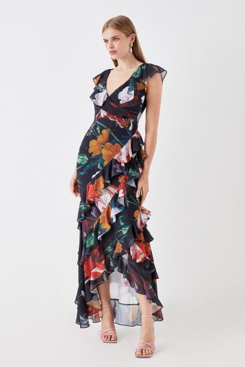 Coast Sophie Habboo Chiffon Ruffle Maxi Dress Black Multi