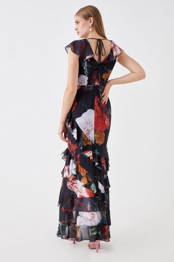 Coast Sophie Habboo Chiffon Ruffle Maxi Dress Black Multi