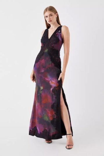 Coast Sophie Habboo Lace Trim V Neck Chiffon Maxi Dress Black purple