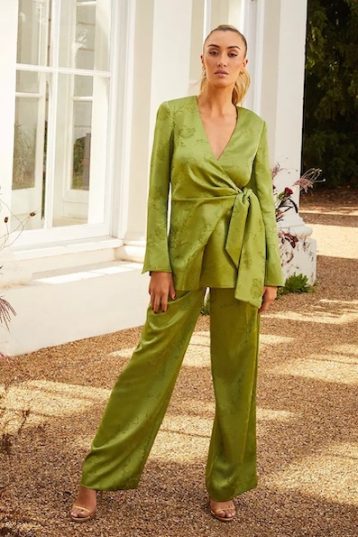 Coast Sophie Habboo Satin Jacquard Wide Leg Trouser Olive green