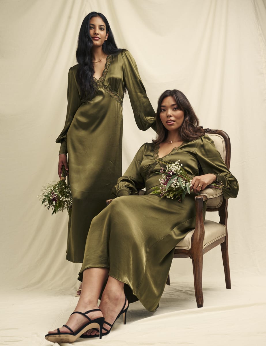 Olive Green Satin Lace Trim Nessy Bridesmaid Midaxi Dress, £110