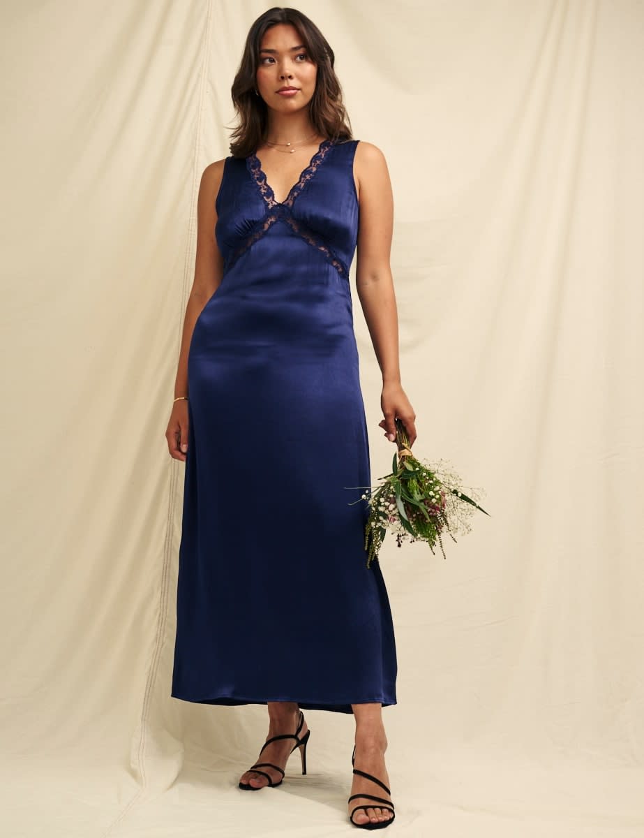 Navy Sleeveless Satin Lace Trim Nessy Bridesmaid Midaxi Dress, £89