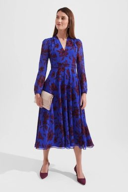 Hobbs Aurora Fit And Flare Printed Dress Blue Burgundy