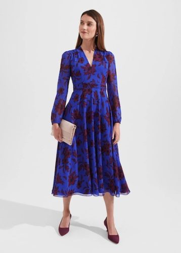 Hobbs Aurora Fit And Flare Printed Dress Blue Burgundy