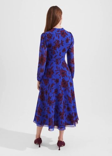 Hobbs Aurora Fit And Flare Printed Dress Blue Burgundy