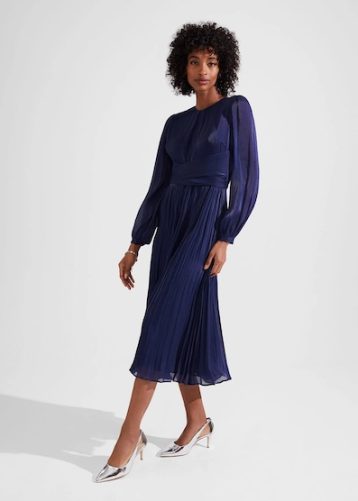 Hobbs Elina Metallic Pleated Dress Midnight Navy Blue