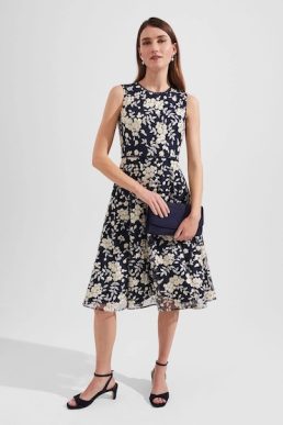 Hobbs Scarlett Embroidered Dress Navy Yellow