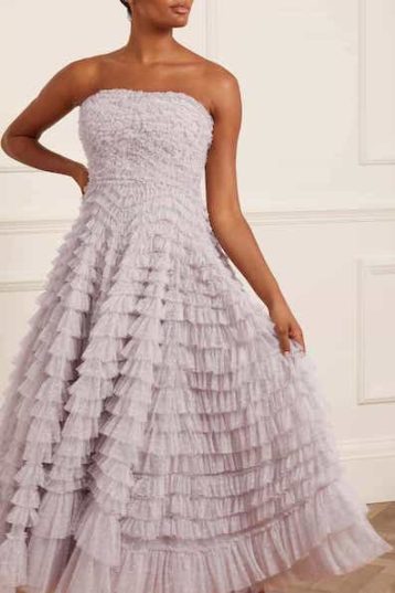 Needle & Thread Hattie Ruffle Strapless Ankle Gown Grey