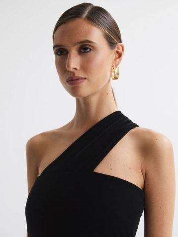 Reiss Abbey Velvet One-Shoulder Midi Dress Black