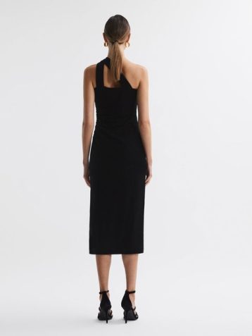 Reiss Abbey Velvet One-Shoulder Midi Dress Black