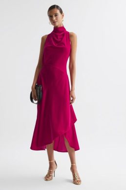 Reiss Giannon Velvet Funnel Neck Asymmetric Midi Dress Pink