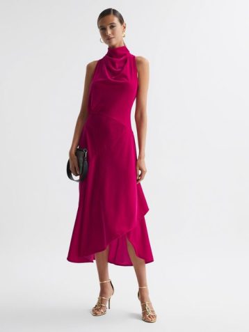 Reiss Giannon Velvet Funnel Neck Asymmetric Midi Dress Pink