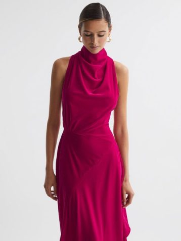 Reiss Giannon Velvet Funnel Neck Asymmetric Midi Dress Pink