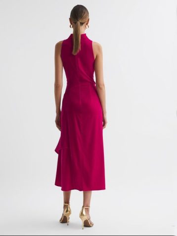 Reiss Giannon Velvet Funnel Neck Asymmetric Midi Dress Pink