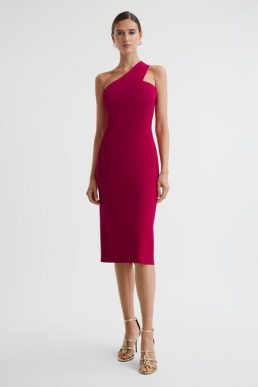 Reiss Lola Knitted One Shoulder Bodycon Midi Dress Pink