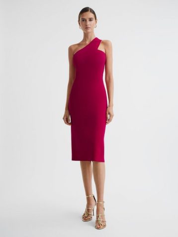 Reiss Lola Knitted One Shoulder Bodycon Midi Dress Pink