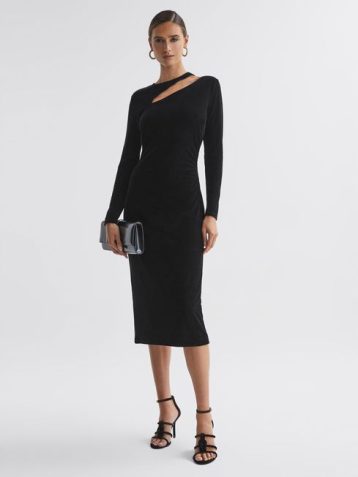 Reiss Macey Velvet Cut-Out Midi Dress Black