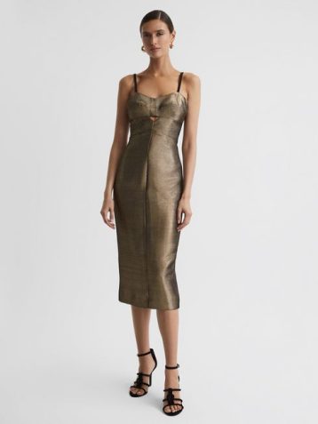 Reiss Mina Metallic Bodycon Midi Dress Gold