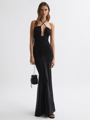 Reiss Thalia Fitted Plunge Neck Satin Maxi Dress Black