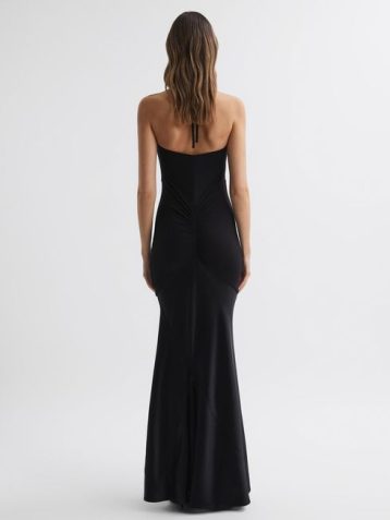 Reiss Thalia Fitted Plunge Neck Satin Maxi Dress Black