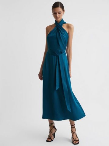 Reiss Vida Satin Halter Neck Fitted Midi Dress Teal