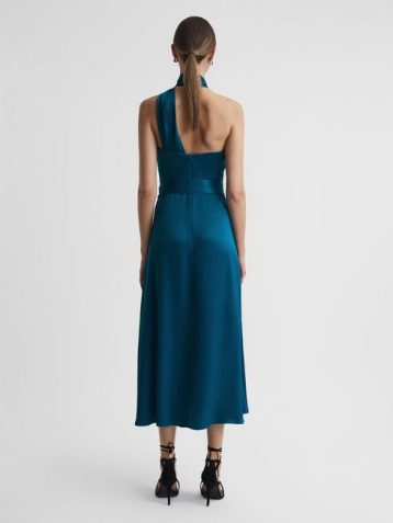 Reiss Vida Satin Halter Neck Fitted Midi Dress Teal