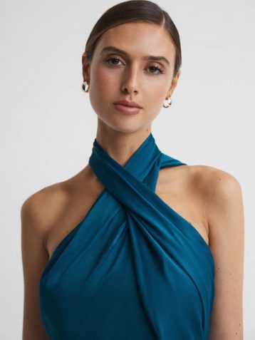 Reiss Vida Satin Halter Neck Fitted Midi Dress Teal