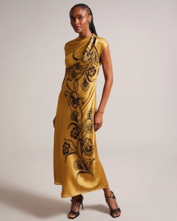 Ted Baker Valiree Satin Maxi Dress With Draped Neckline Yellow