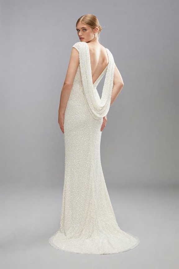 Draped Cowl Back Sequin Bridal Maxi Dress