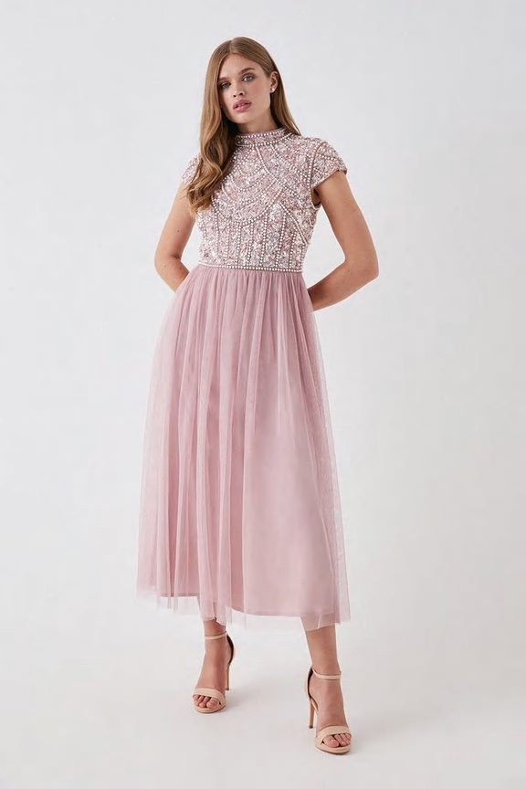 Pearl Embellished High Neck Bridesmaids Mesh Midi Dress, was £189 > now £151.20