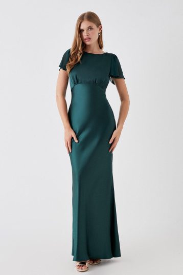 Coast Chiffon Satin Bridesmaids Flutter Sleeve Maxi Dress Green