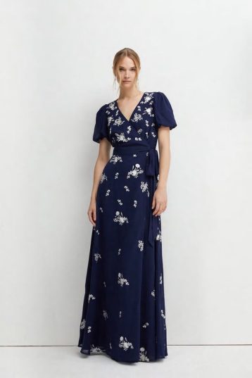 Coast Placement Embroidery Puff Sleeve Bridesmaids Maxi Navy